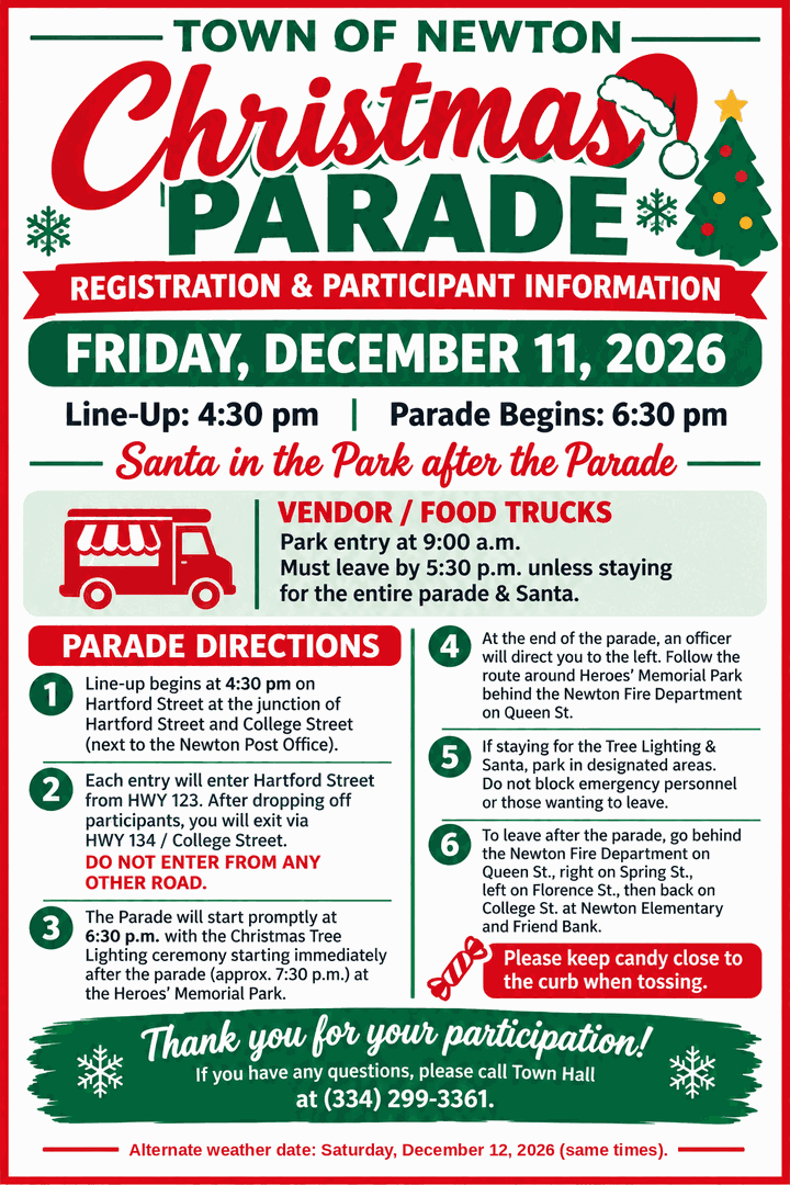 Town of Newton Christmas Parade flyer, Friday December 11, 2026