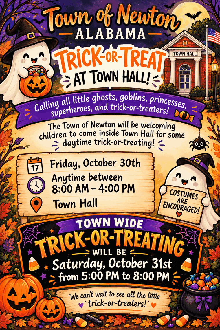 Town of Newton Trick-or-Treat at Town Hall flyer, Friday October 30, 2026, 8 AM to 4 PM